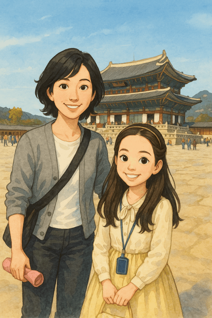 고궁 앞에서 미소 짓는 haru와 아이의 사진(수채화 감성)