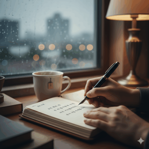 커피를 마시며 하루를 노트에 정리하는 haru